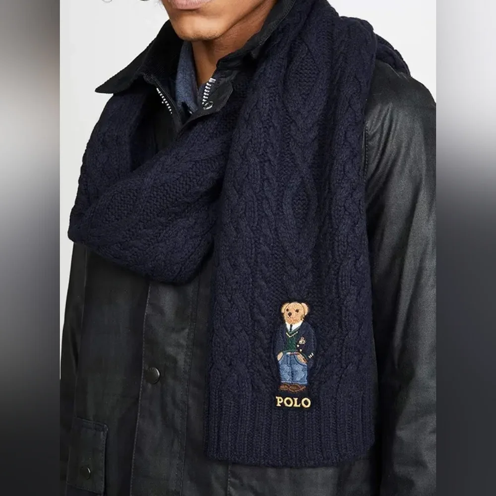 Polo Ralph Lauren Aran St. Andrew Bear Scarf Embroidered Navy Blue Cable Knit